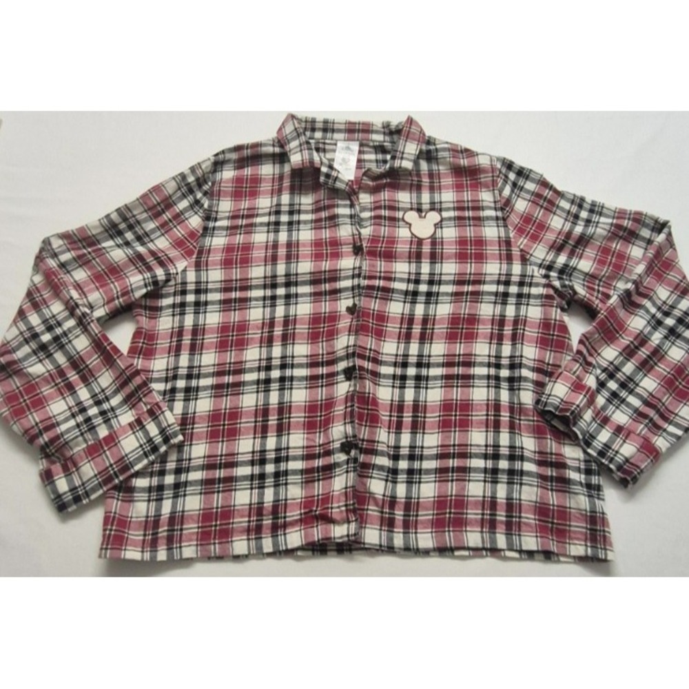 Walt Disney women's‎ black/red plaid flannel Mickey buttons & patch shirt sz. XL